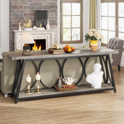 Industrial 70-inch Grey Wood Top Sofa Table with Heavy Duty Black Metal Frame - Tampa Home & Garden Store