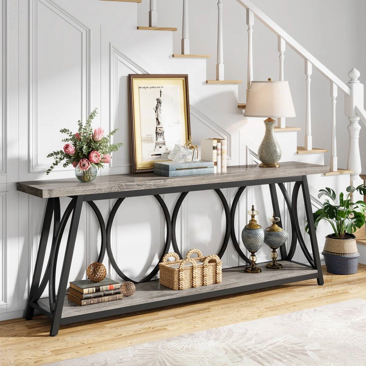 Industrial 70-inch Grey Wood Top Sofa Table with Heavy Duty Black Metal Frame - Tampa Home & Garden Store
