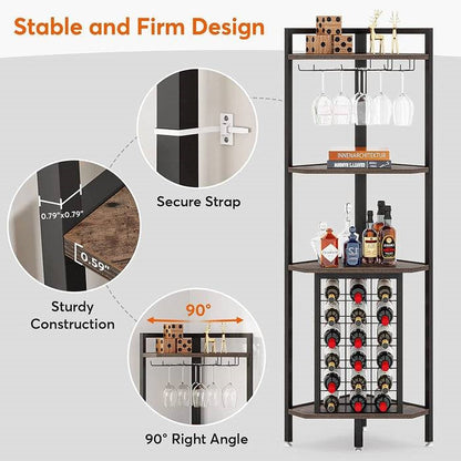 Industrial Corner Wine Rack Storage Shelving Unit with Glass Holders - Tampa Home & Garden Store