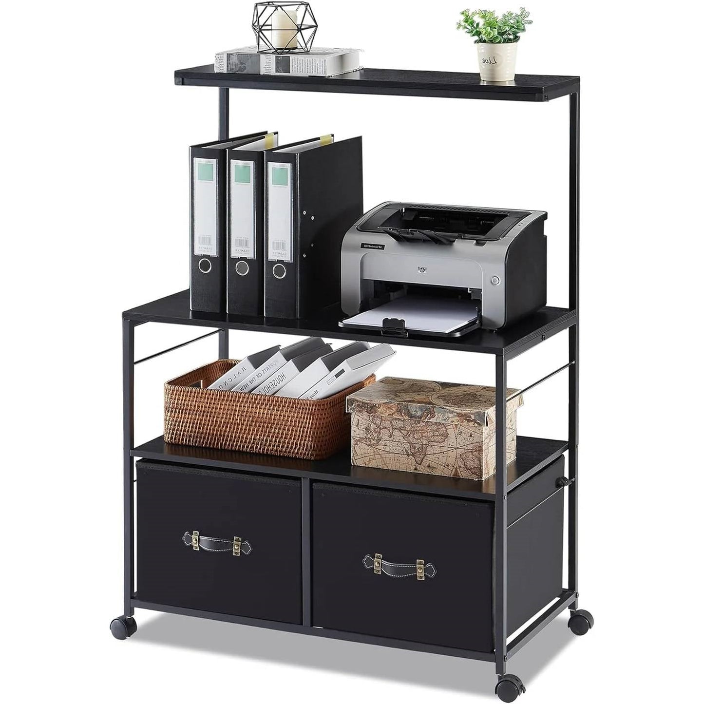 Industrial Modern Black Metal Wood Printer Stand File Cabinet w/ Fabric Drawers - Tampa Home & Garden Store