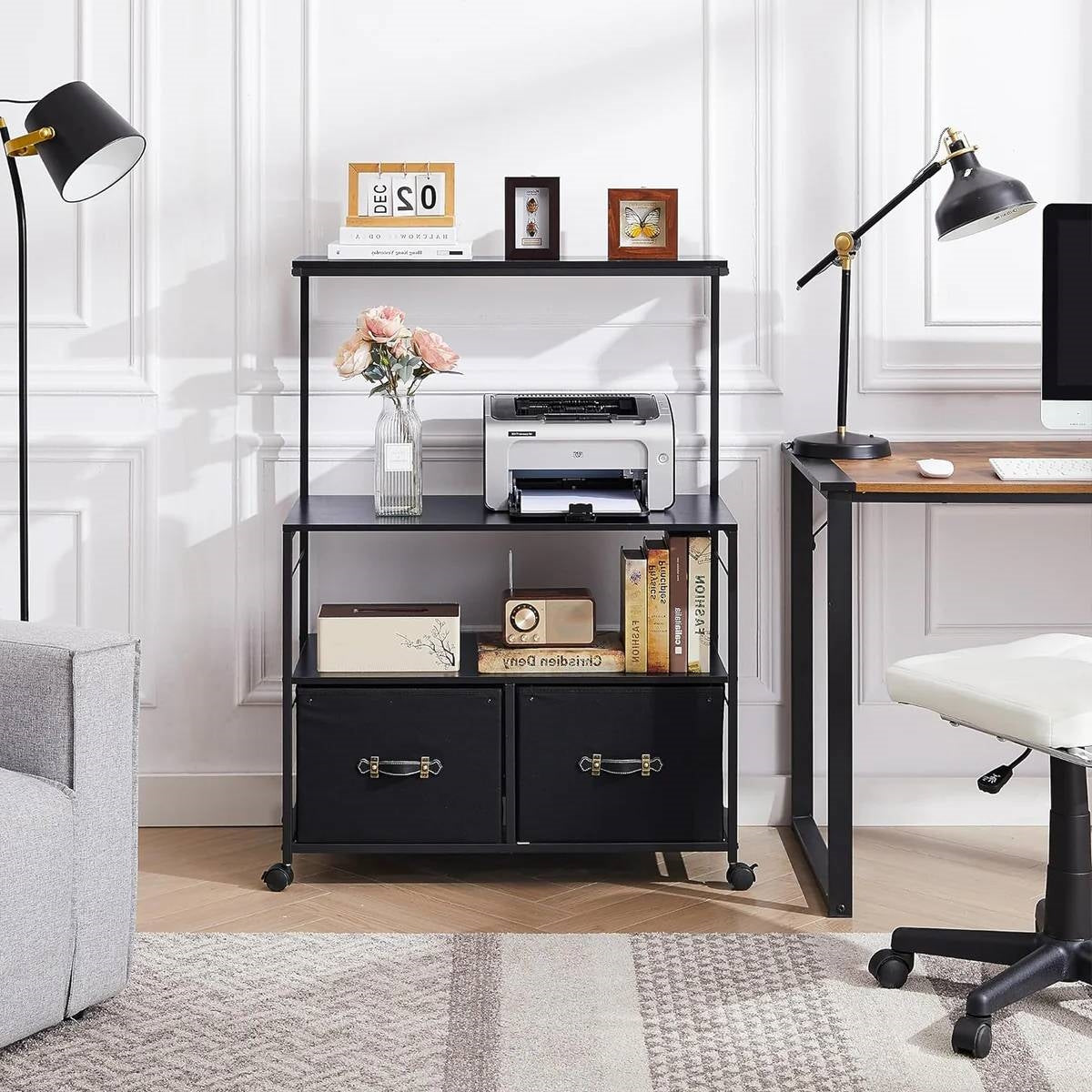 Industrial Modern Black Metal Wood Printer Stand File Cabinet w/ Fabric Drawers - Tampa Home & Garden Store