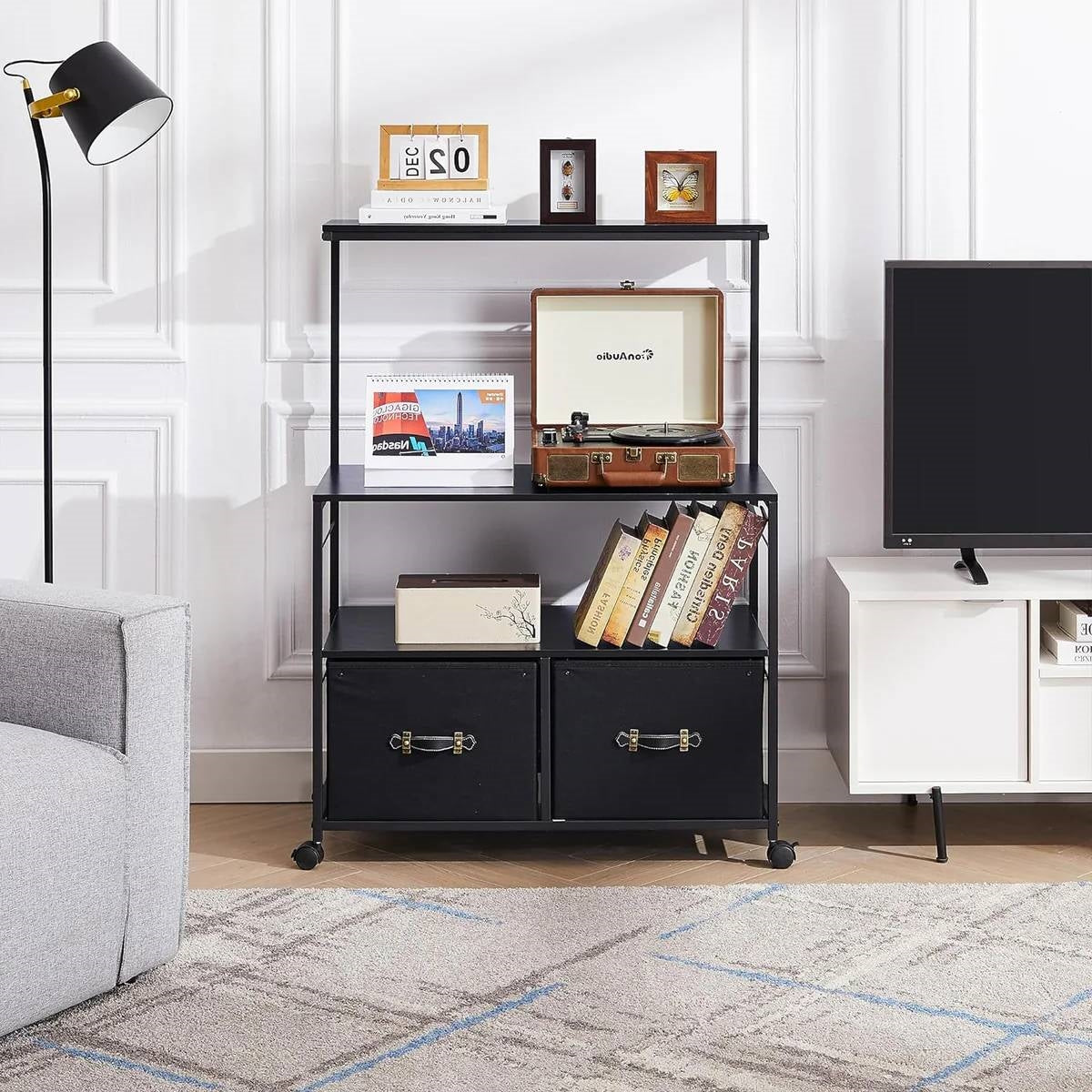 Industrial Modern Black Metal Wood Printer Stand File Cabinet w/ Fabric Drawers - Tampa Home & Garden Store