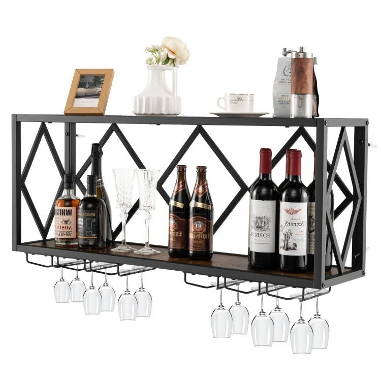Industrial Rustic Brown Wood Metal Wall Mounted Wine Rack Shelf - Tampa Home & Garden Store