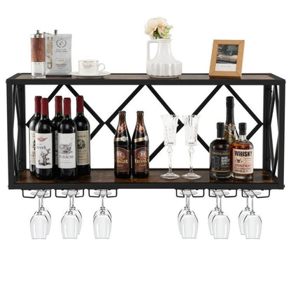Industrial Rustic Brown Wood Metal Wall Mounted Wine Rack Shelf - Tampa Home & Garden Store