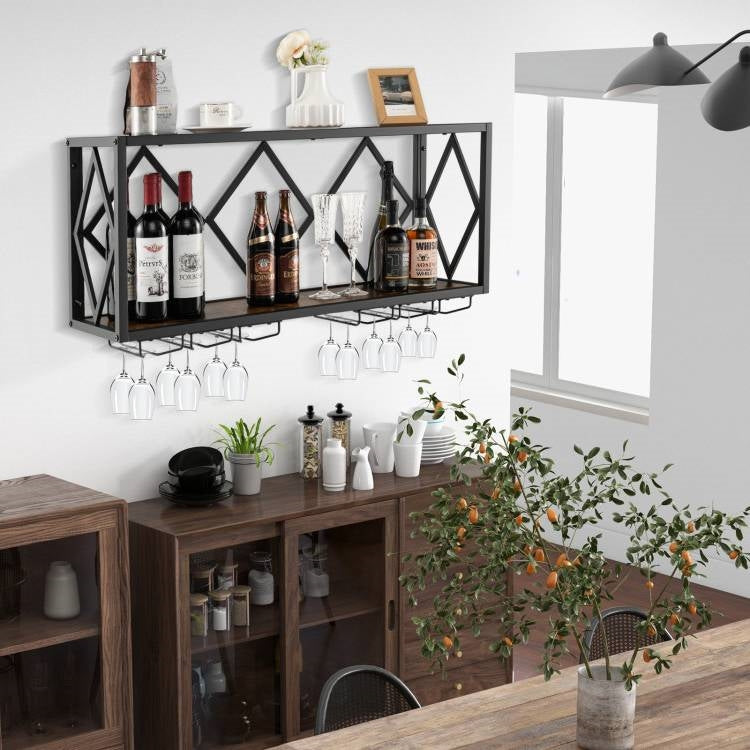 Industrial Rustic Brown Wood Metal Wall Mounted Wine Rack Shelf - Tampa Home & Garden Store