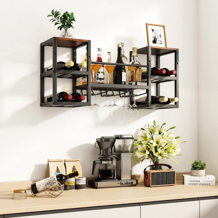 Industrial Wood Metal Wall Mounted Wine Rack Shelf with Glass Holders - Tampa Home & Garden Store