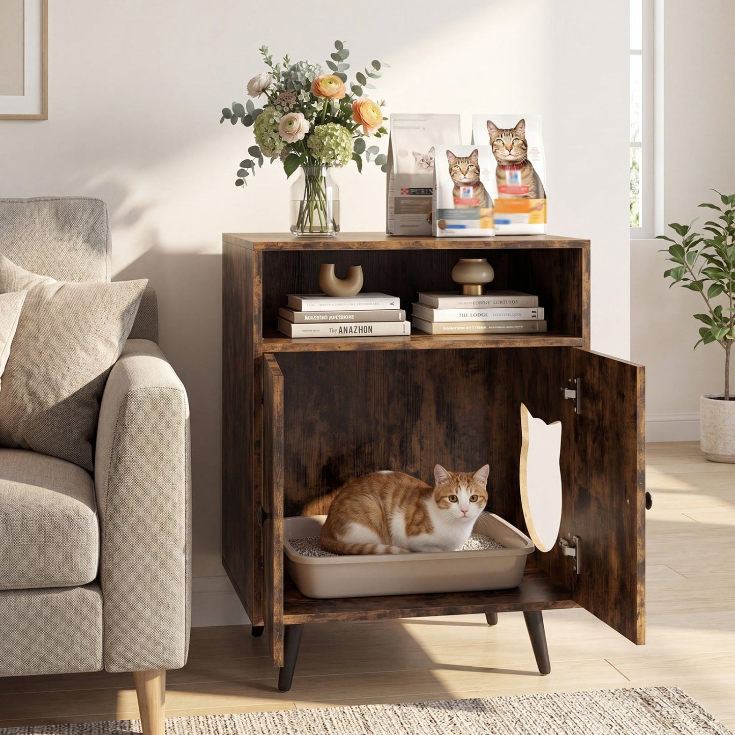 Cat Litter Box Enclosure With Storage Compartment