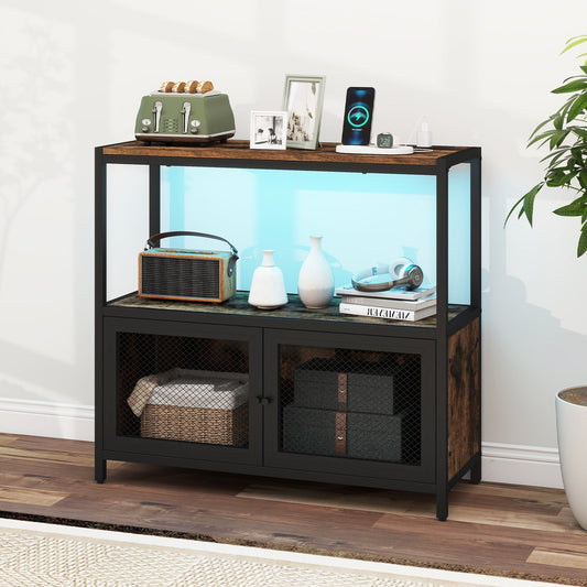 Industrial Coffee Bar Cabinet with LED Lights and Charging Station-Rustic Brown - Tampa Home & Garden Store
