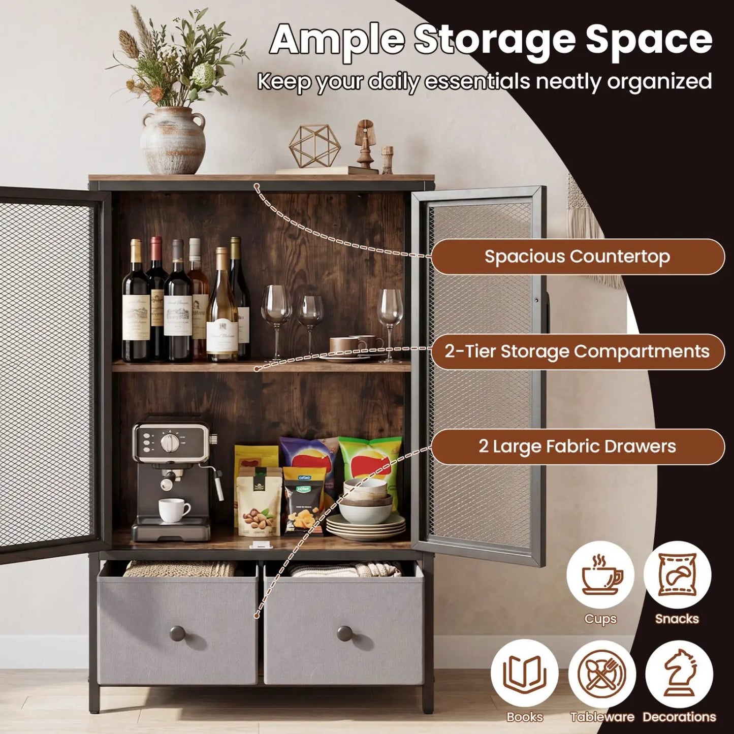 Industrial Coffee Bar Cabinet With 2-Tier Storage