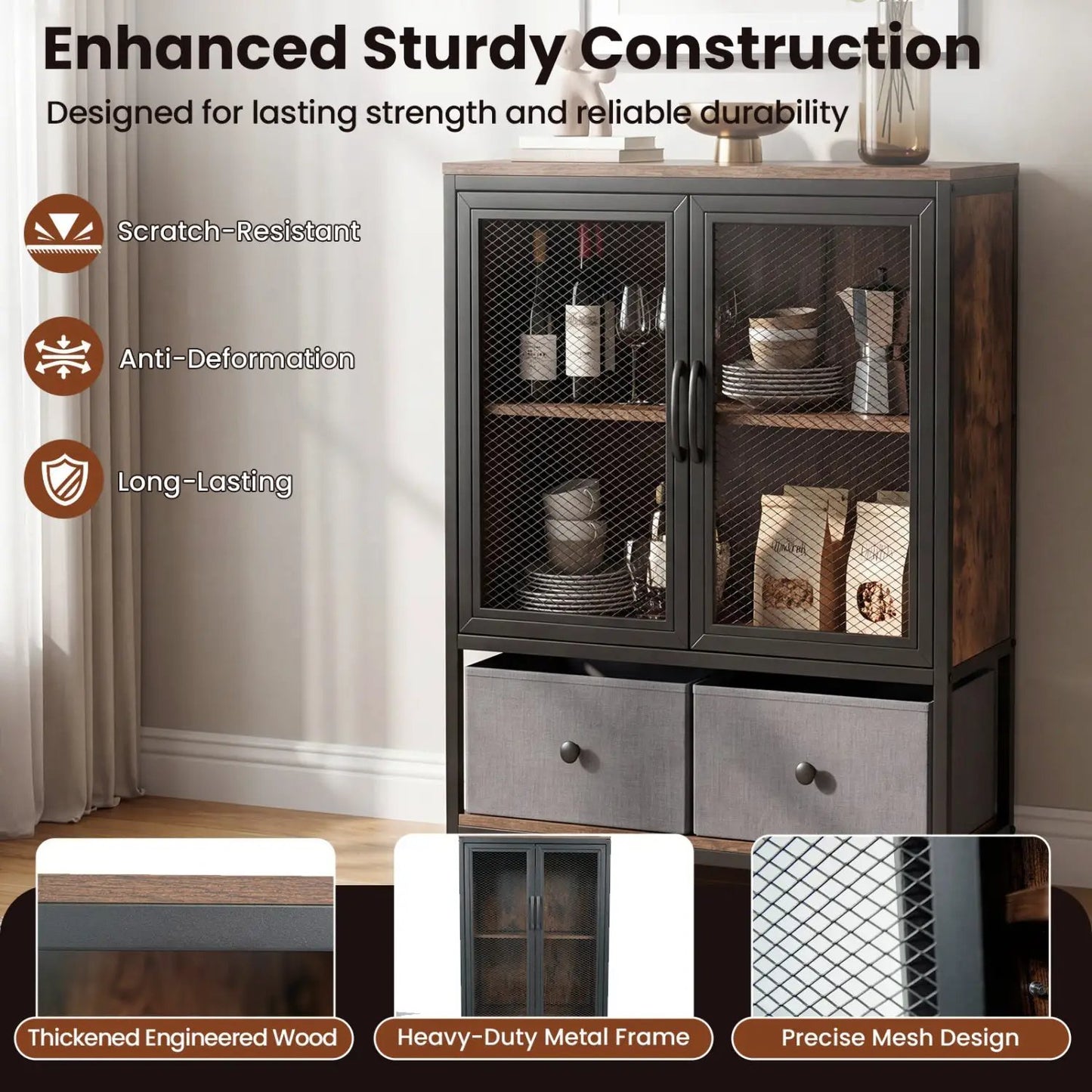 Industrial Coffee Bar Cabinet With 2-Tier Storage