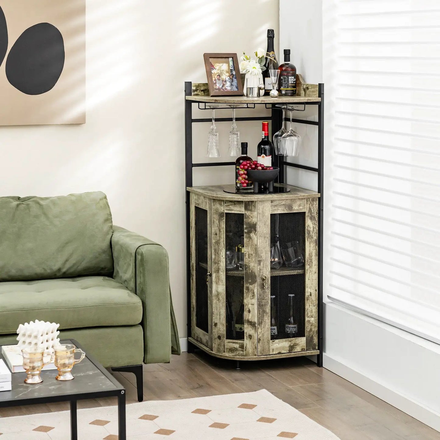 Corner Bar Cabinet With Glass Holder and Shelf