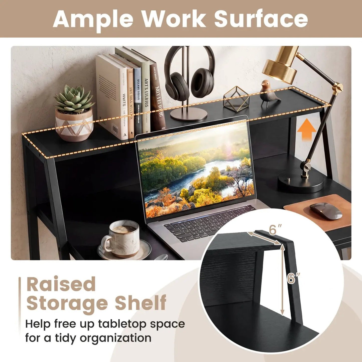 Industrial Desk With Raised Shelf and Metal Frame