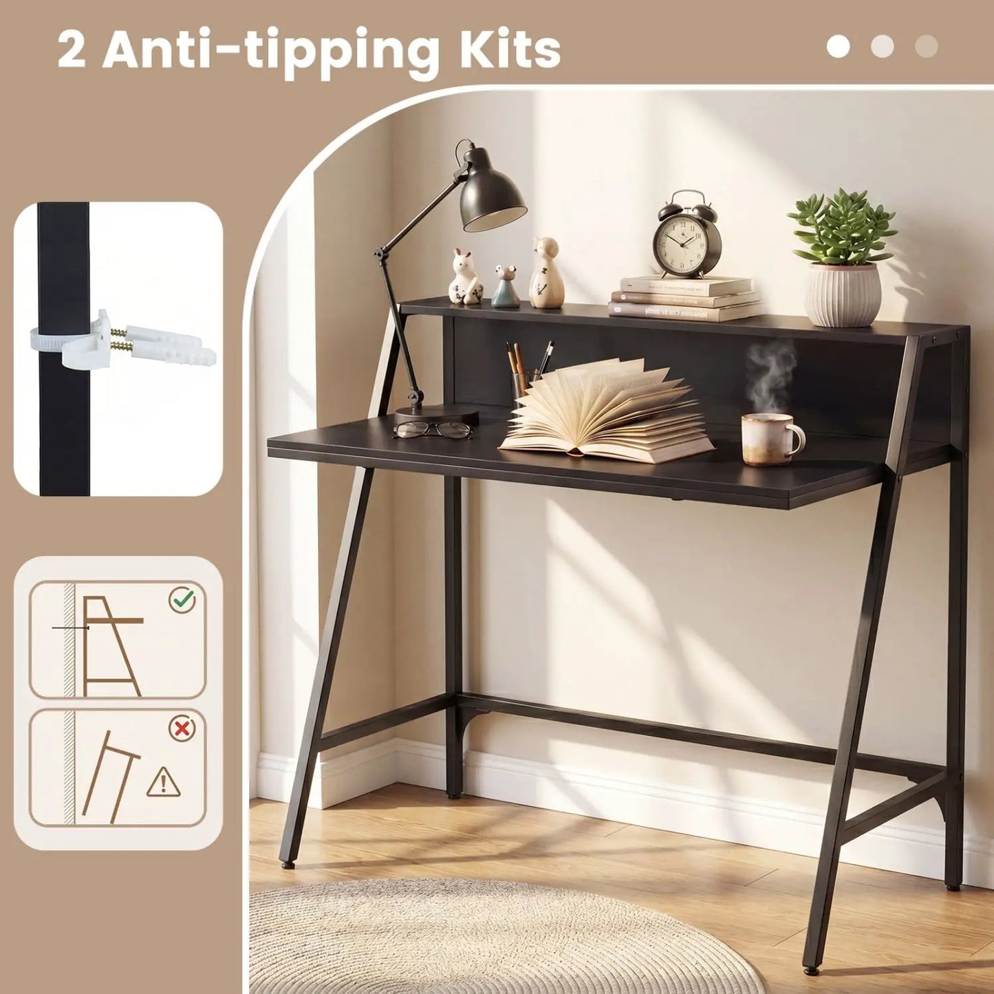 Industrial Desk With Raised Shelf and Metal Frame