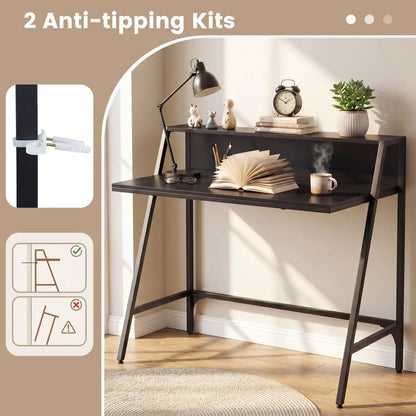 Industrial Desk With Raised Shelf and Metal Frame