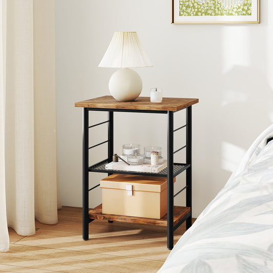 3-Tier End Table Space-Saving Nightstand Industrial Bedside Table for Living Room Bedroom-Rustic Brown - Tampa Home & Garden Store