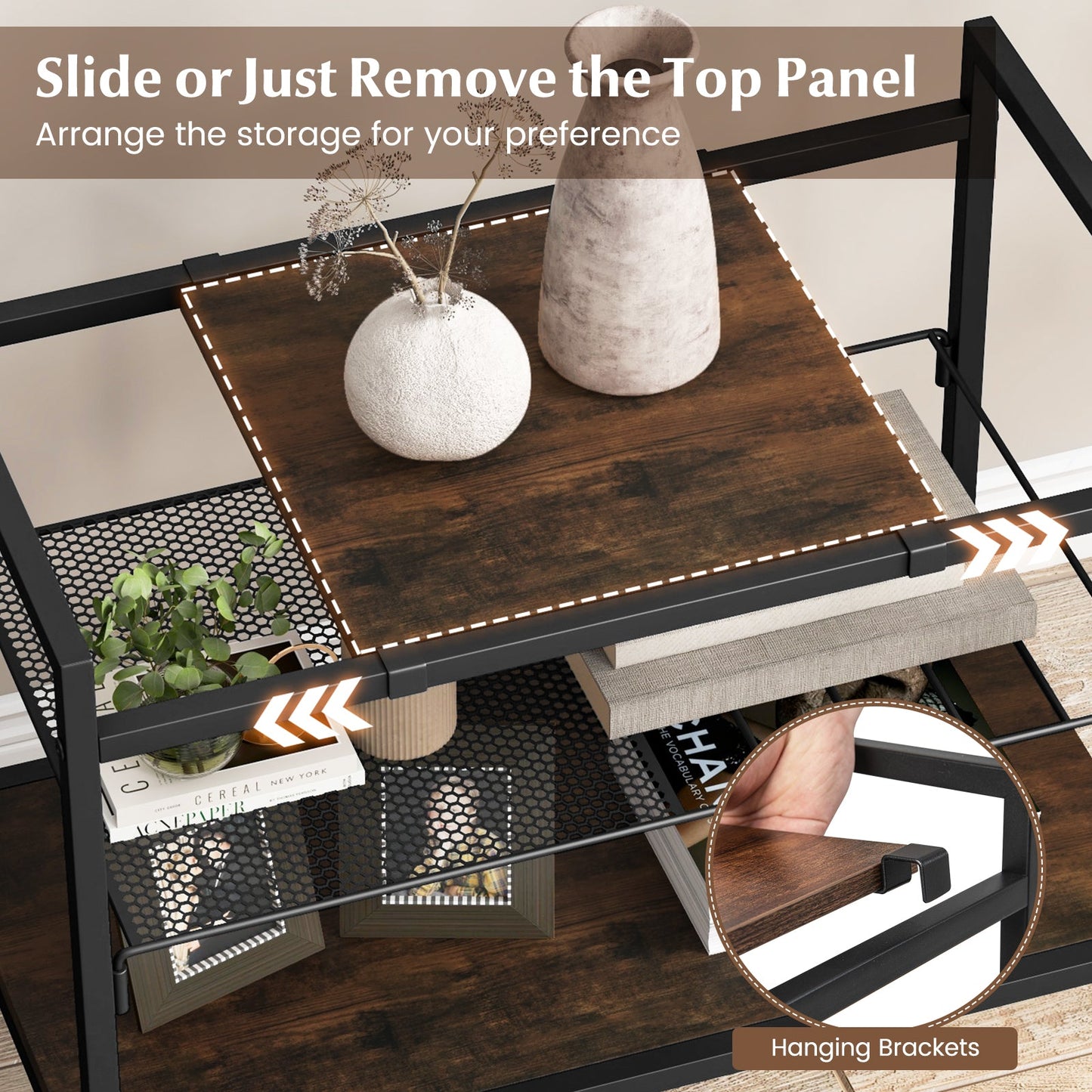 Mesa de entrada industrial con panel extraíble y estante de malla