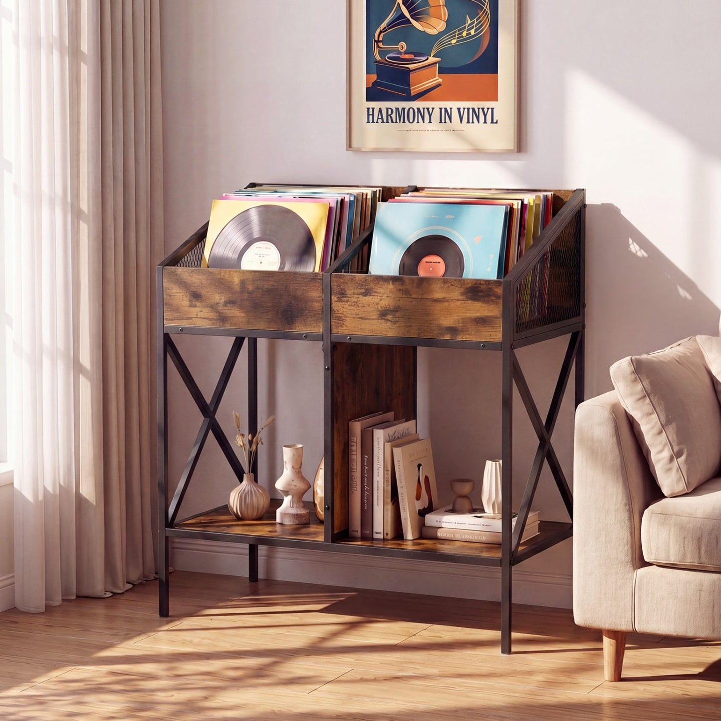 Industrial Vinyl Record Storage Rack with Metal Frame, wood panels, DirectDeals on Tampa Home & Garden Store