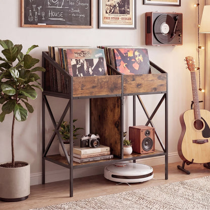 Industrial Vinyl Record Storage Rack with Metal Frame by DirectDeals, two rustic wood bins on Tampa Home & Garden Store