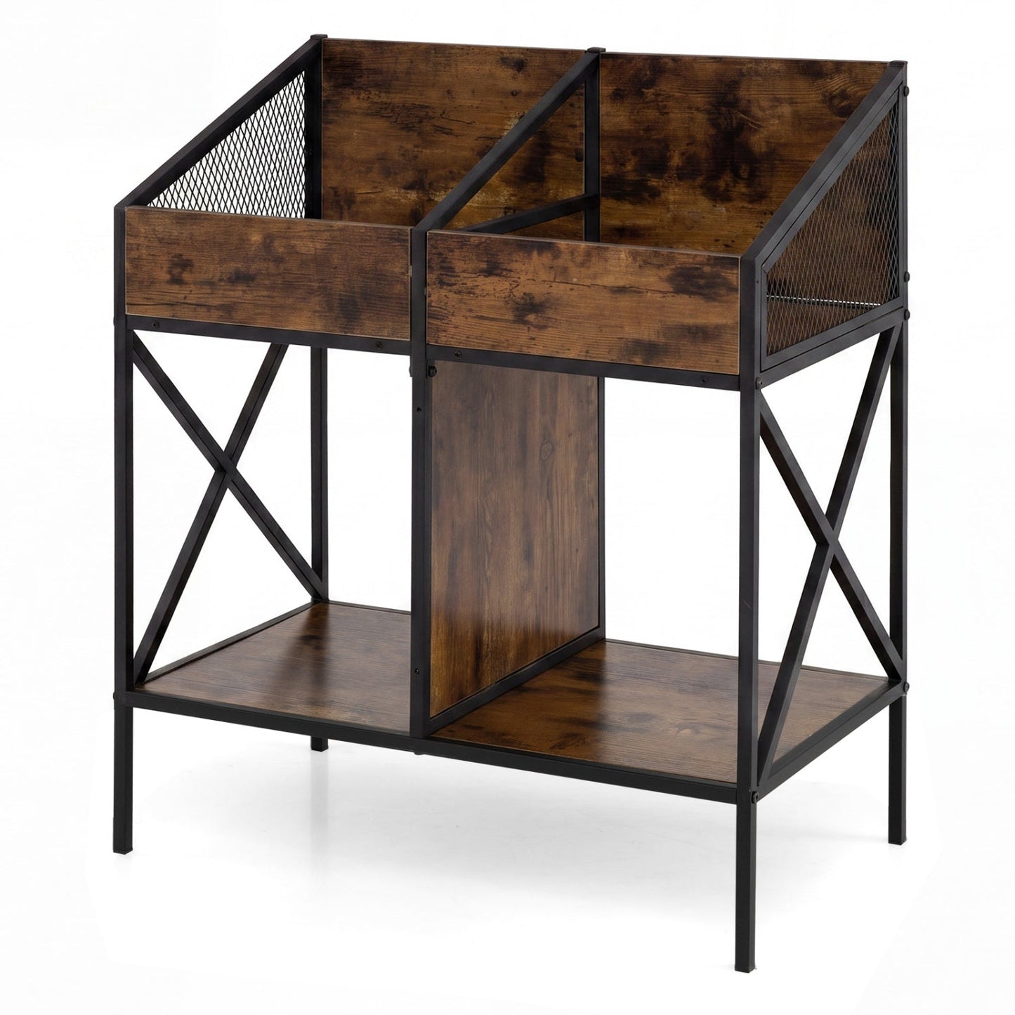 Industrial vinyl record storage rack with metal frame, dark wood panels, mesh sides on Tampa Home & Garden Store
