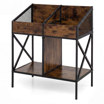 Industrial vinyl record storage rack with metal frame, dark wood panels, mesh sides on Tampa Home & Garden Store