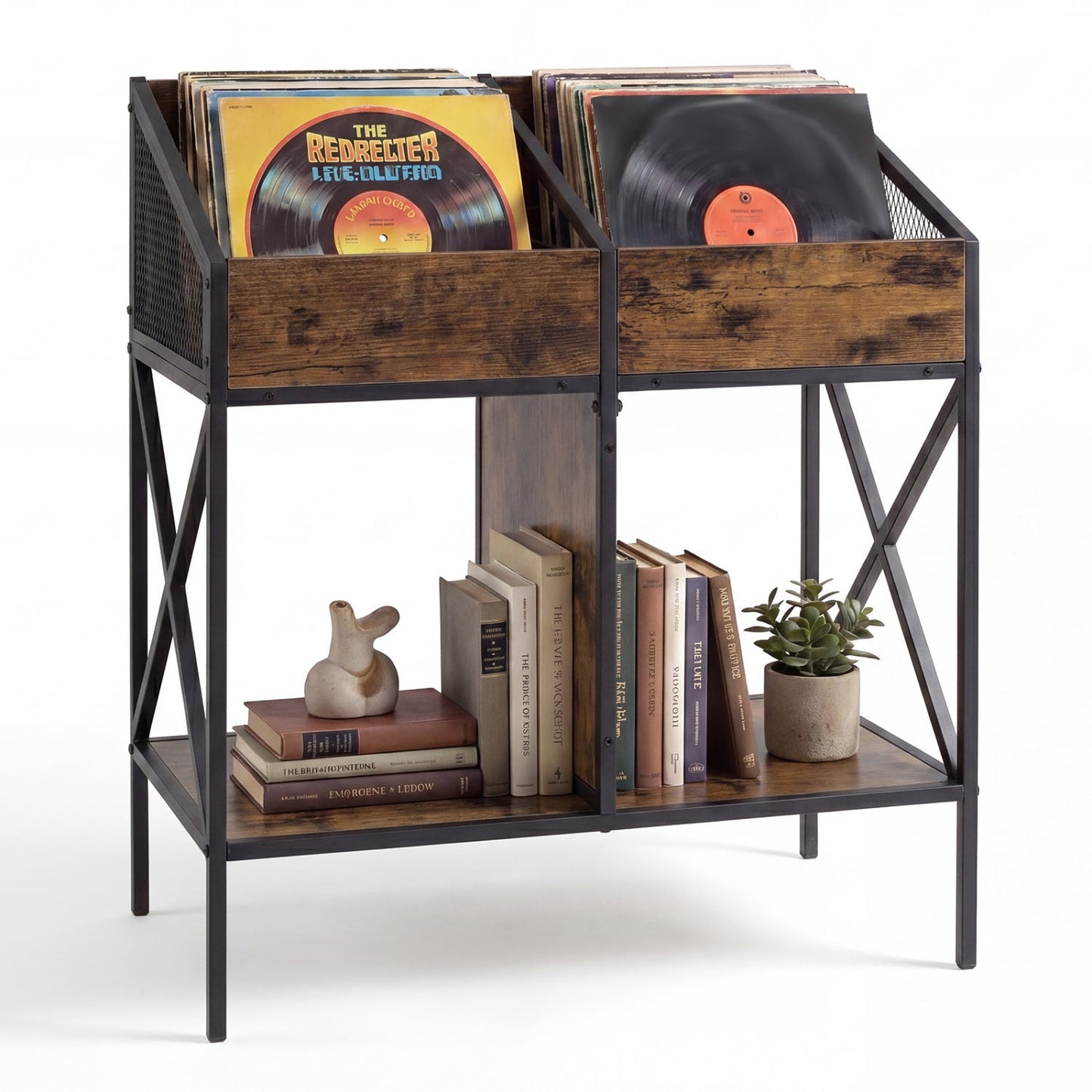 Industrial vinyl record storage rack with wood panels and black metal frame by DirectDeals on Tampa Home & Garden Store