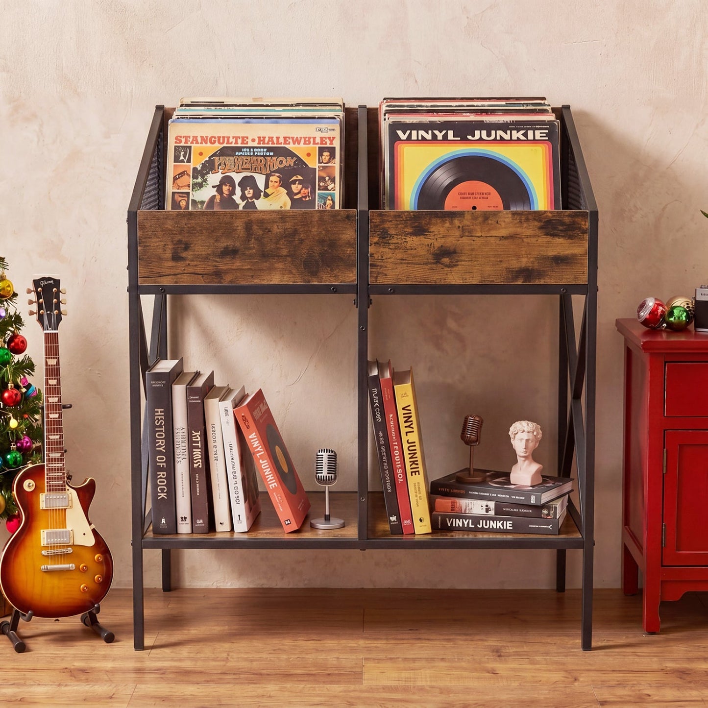 Industrial Vinyl Record Storage Rack with Metal Frame rustic wooden bins holding vinyl records on Tampa Home & Garden Store