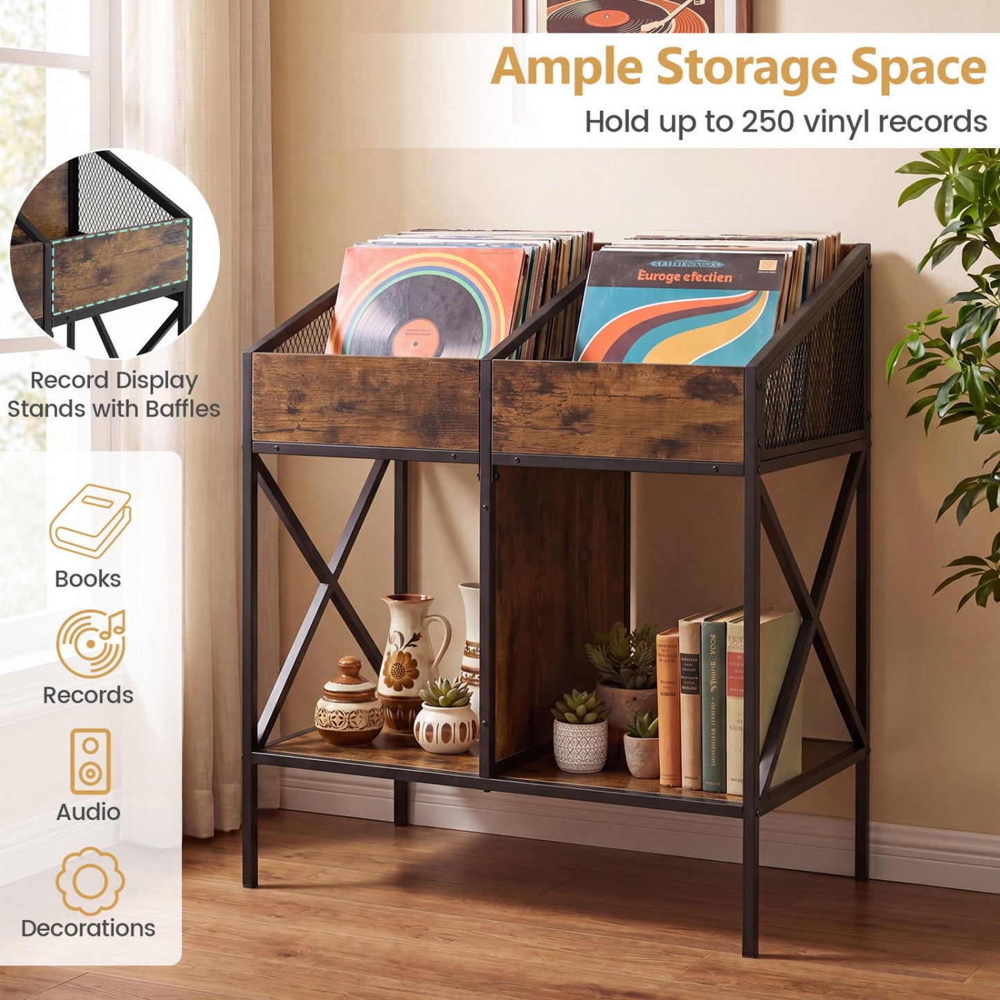 Industrial vinyl record storage rack with black metal frame and wood panels holds up to 250 records on Tampa Home & Garden Store