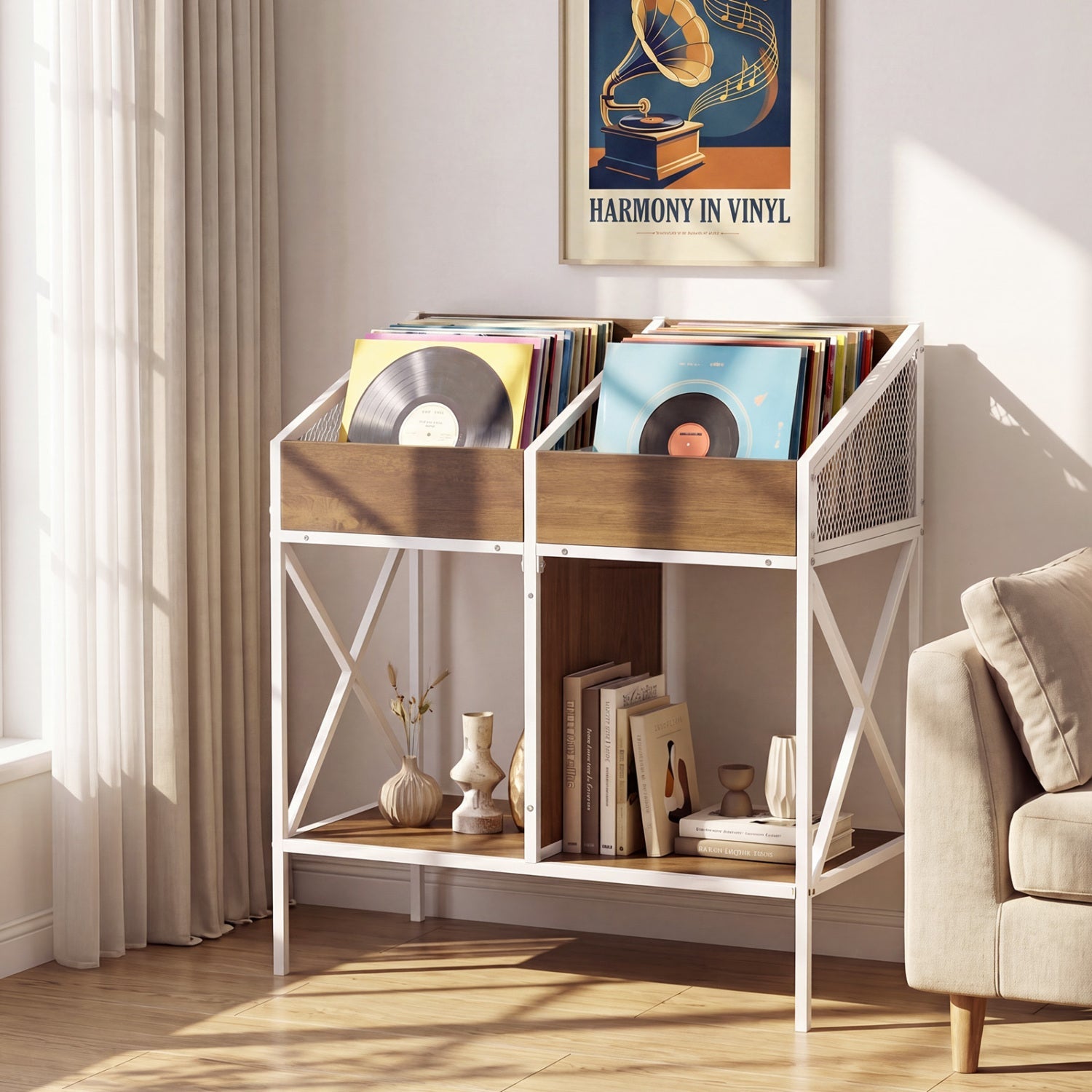 Industrial vinyl record storage rack by DirectDeals with metal frame wood panels holds vinyl records on Tampa Home & Garden Store