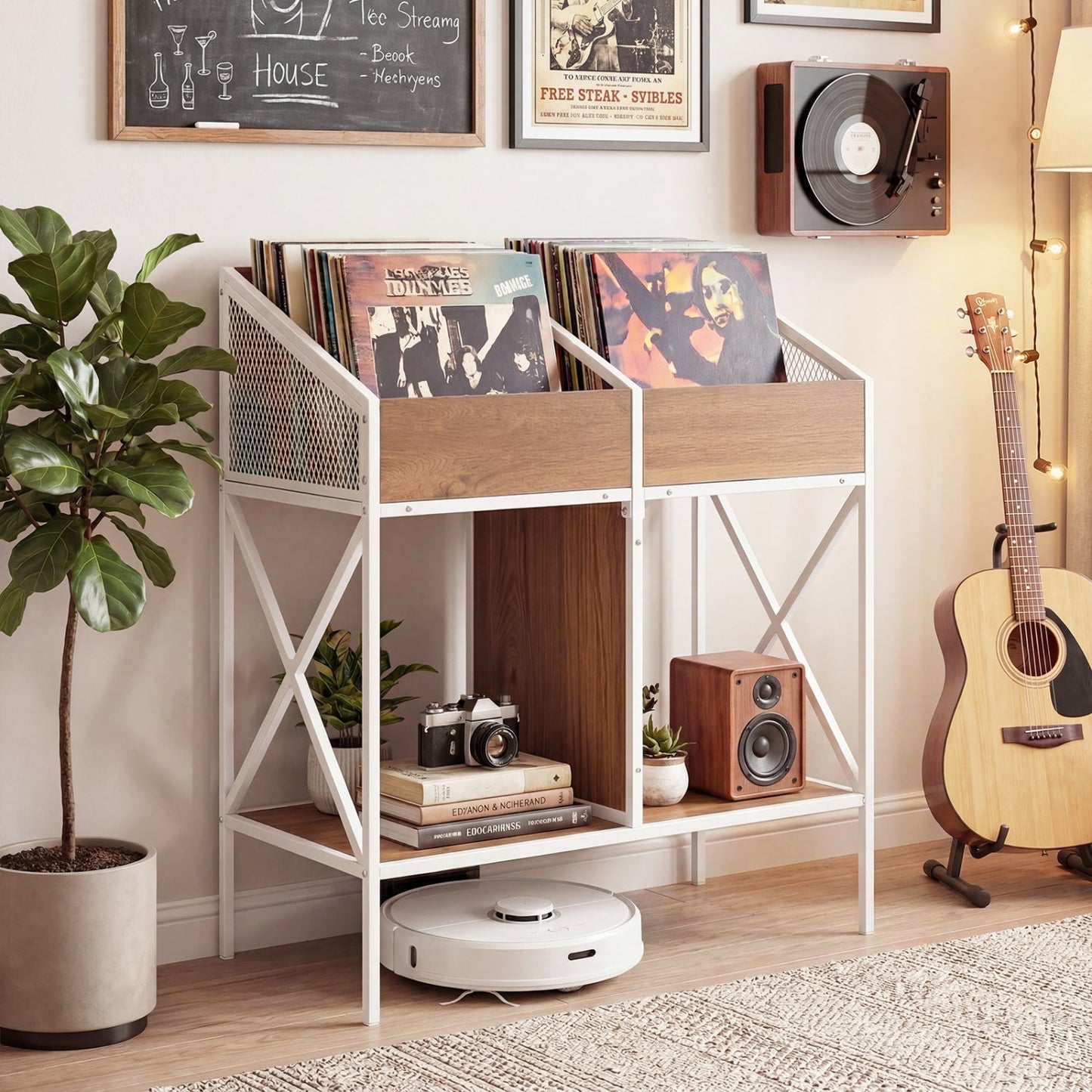 Industrial vinyl record storage rack with white metal frame and wood panels LP storage on Tampa Home & Garden Store