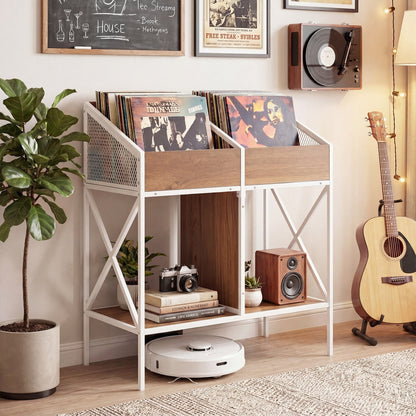 Industrial vinyl record storage rack with white metal frame and wood panels LP storage on Tampa Home & Garden Store