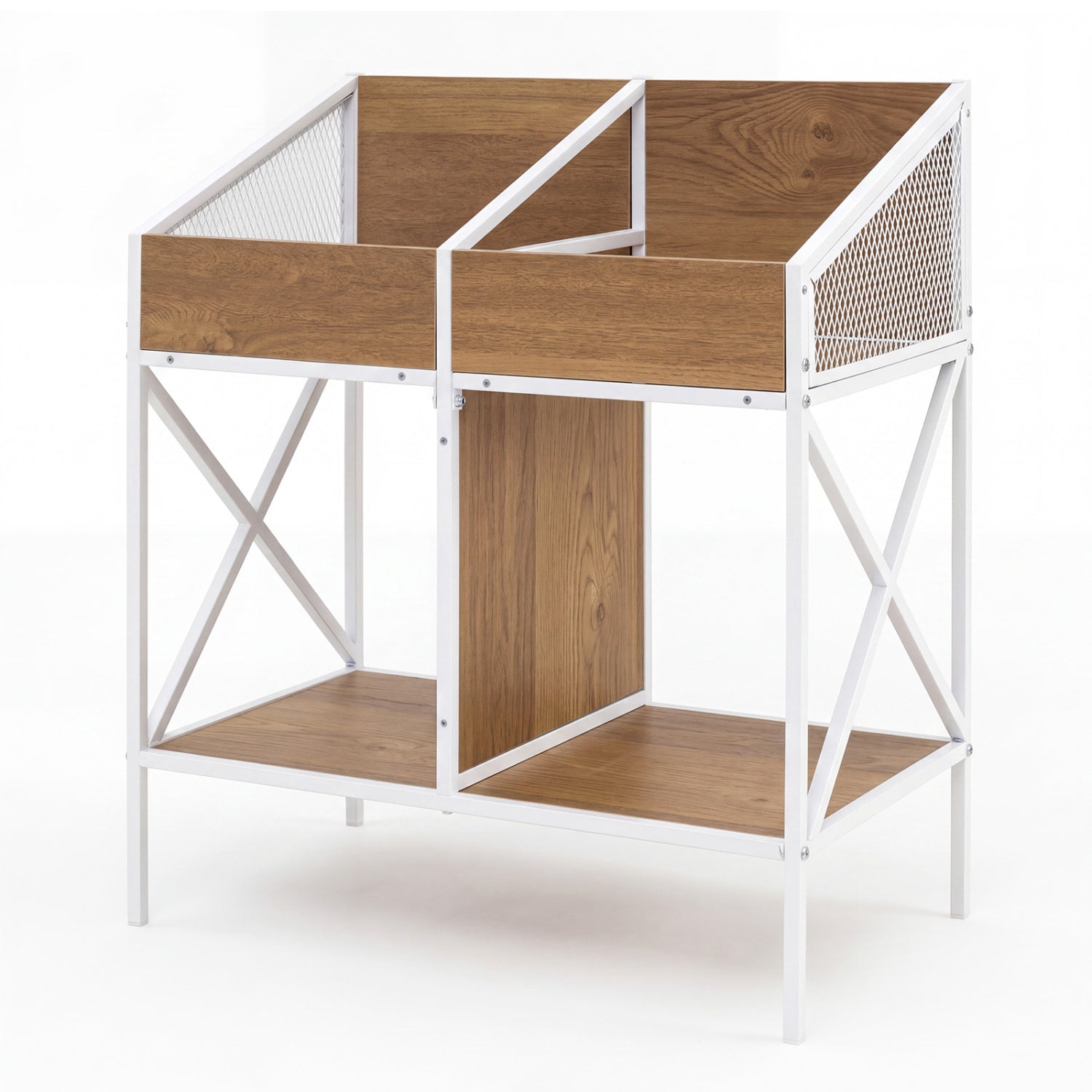 Industrial Vinyl Record Storage Rack with White Metal Frame and Brown Wood Panels, mesh sides on Tampa Home & Garden Store