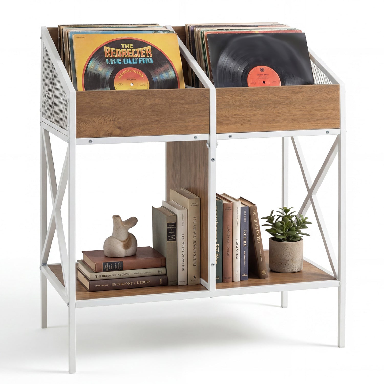 Industrial Vinyl Record Storage Rack with Metal Frame by DirectDeals, white steel, wood drawers on Tampa Home & Garden Store