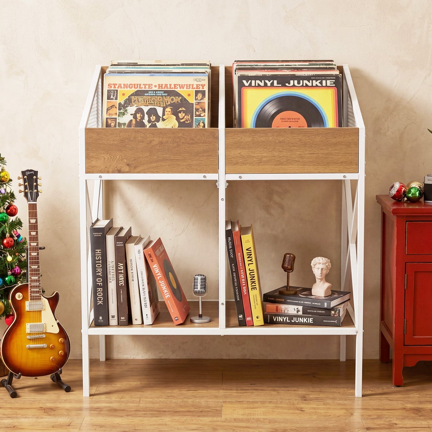 Industrial vinyl record storage rack with white metal frame and wood bins DirectDeals on Tampa Home & Garden Store