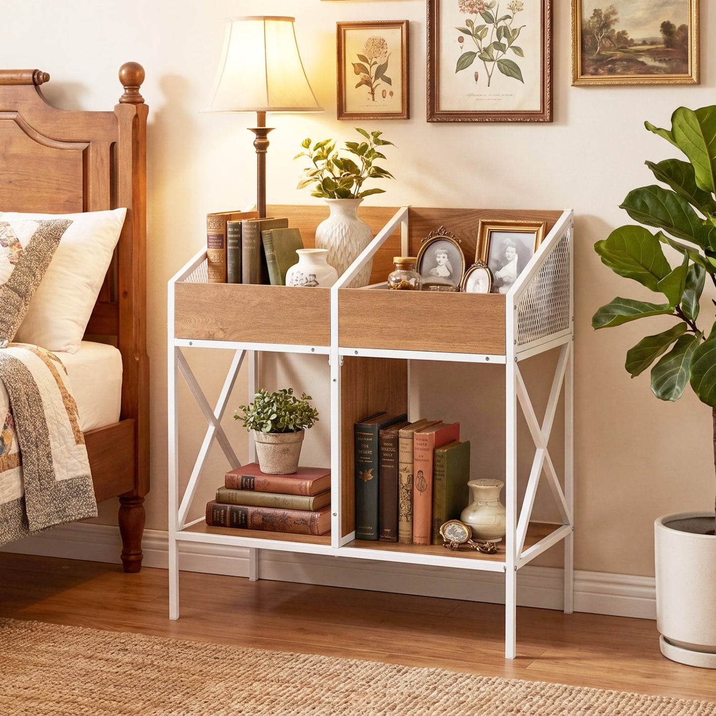 Industrial vinyl record storage rack with metal frame by DirectDeals, white with wood panels on Tampa Home & Garden Store