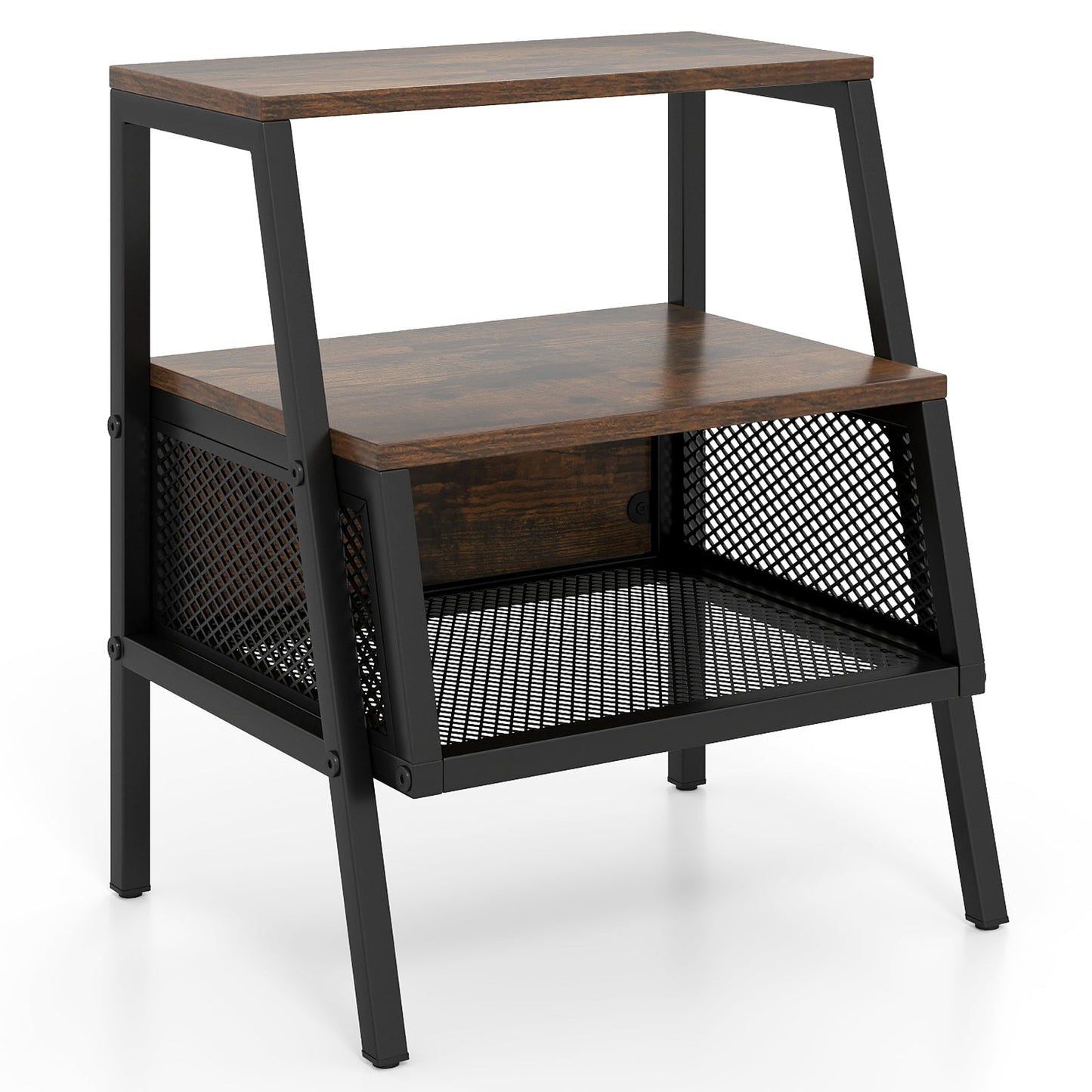 Industrial Nightstand 3-Tier End Table with 2 Open Shelves and Metal Mesh Compartment-Rustic Brown