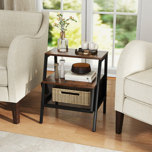 Industrial Nightstand 3-Tier End Table with 2 Open Shelves and Metal Mesh Compartment-Rustic Brown - Tampa Home & Garden Store