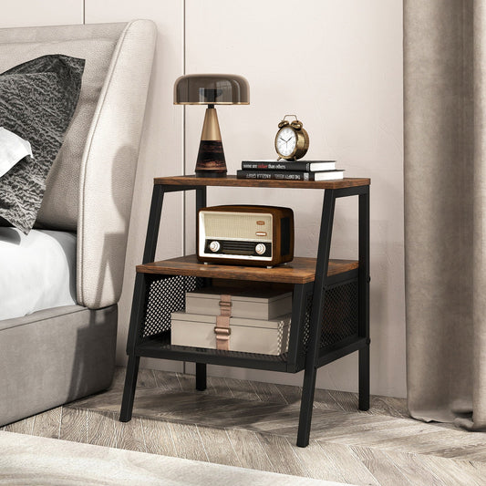 Industrial Nightstand 3-Tier End Table with 2 Open Shelves and Metal Mesh Compartment-Rustic Brown - Tampa Home & Garden Store