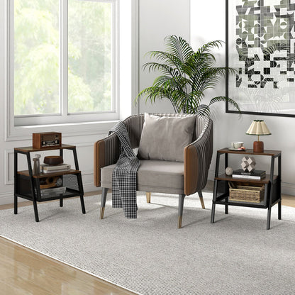 Industrial Nightstand 3-Tier End Table Set of 2 with 2 Open Shelves and Metal Mesh Compartment-Rustic Brown - Tampa Home & Garden Store