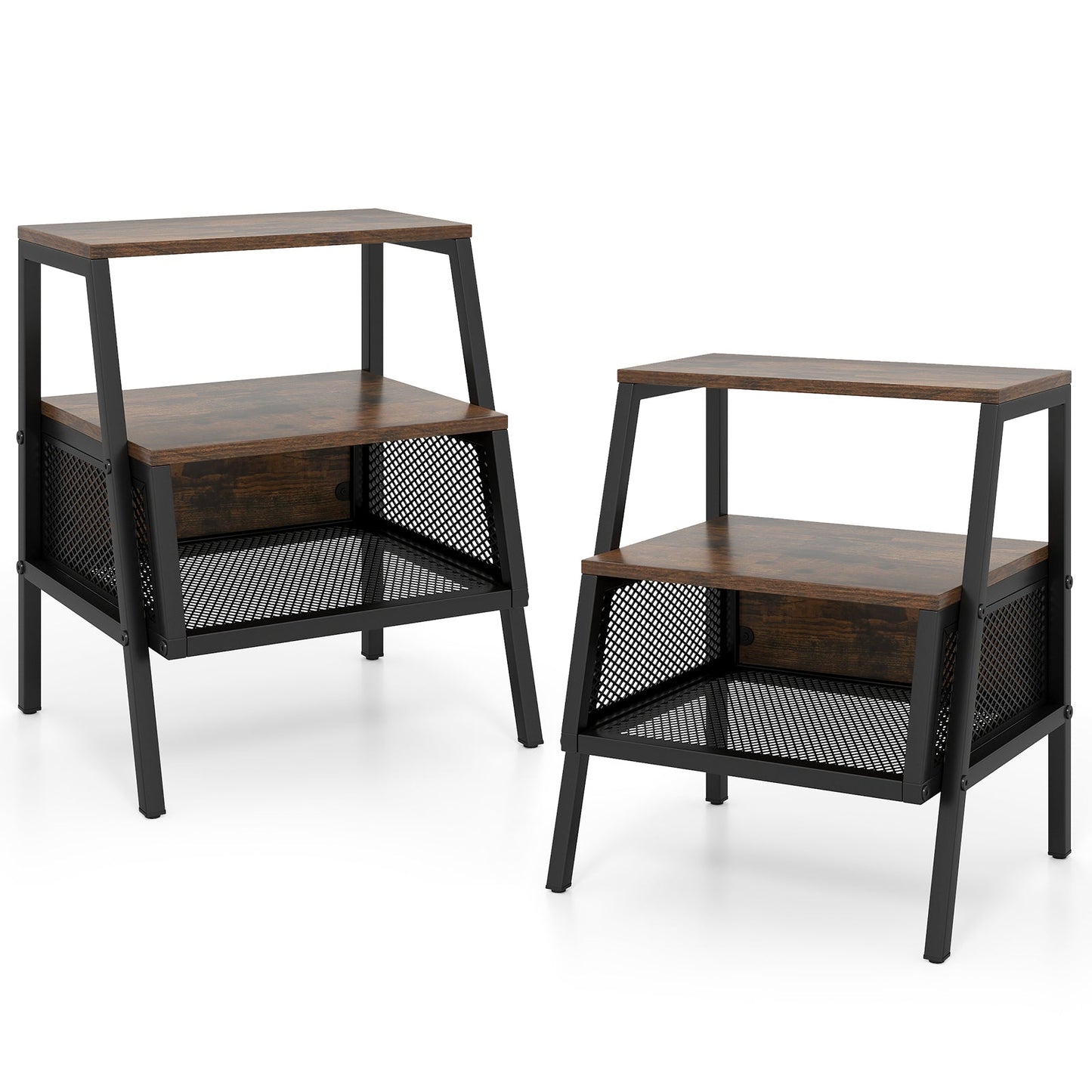 Industrial Nightstand 3-Tier End Table Set of 2 with 2 Open Shelves and Metal Mesh Compartment-Rustic Brown - Tampa Home & Garden Store