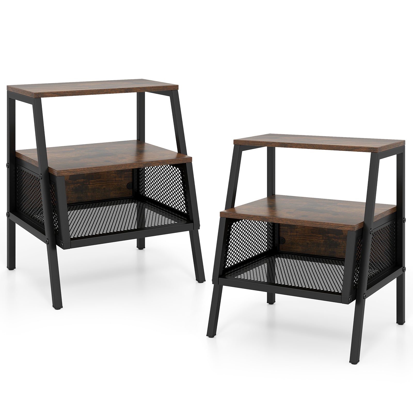 Industrial Nightstand 3-Tier End Table Set of 2 with 2 Open Shelves and Metal Mesh Compartment-Rustic Brown - Tampa Home & Garden Store