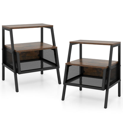 Industrial Nightstand 3-Tier End Table Set of 2 with 2 Open Shelves and Metal Mesh Compartment-Rustic Brown - Tampa Home & Garden Store