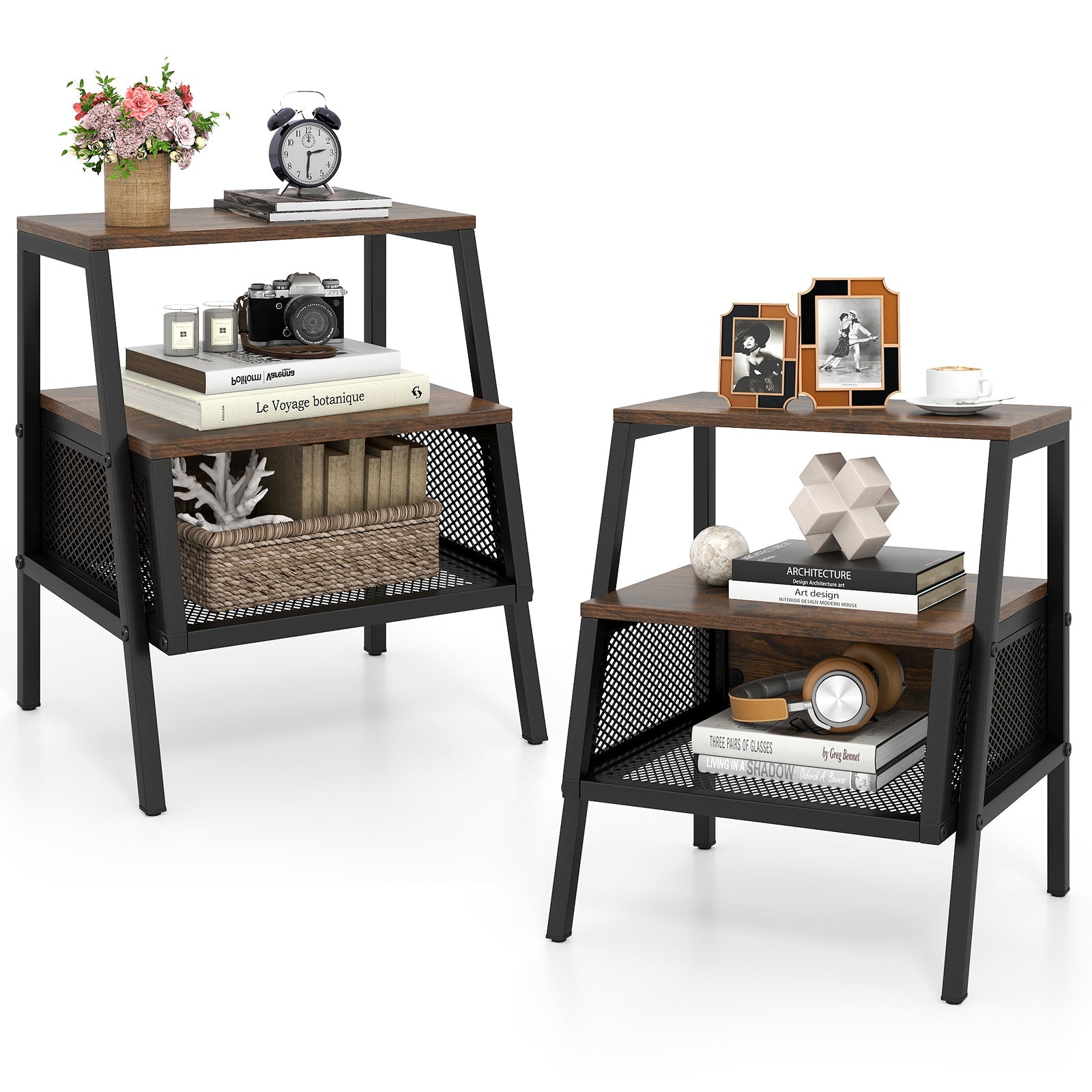 Industrial Nightstand 3-Tier End Table Set of 2 with 2 Open Shelves and Metal Mesh Compartment-Rustic Brown - Tampa Home & Garden Store