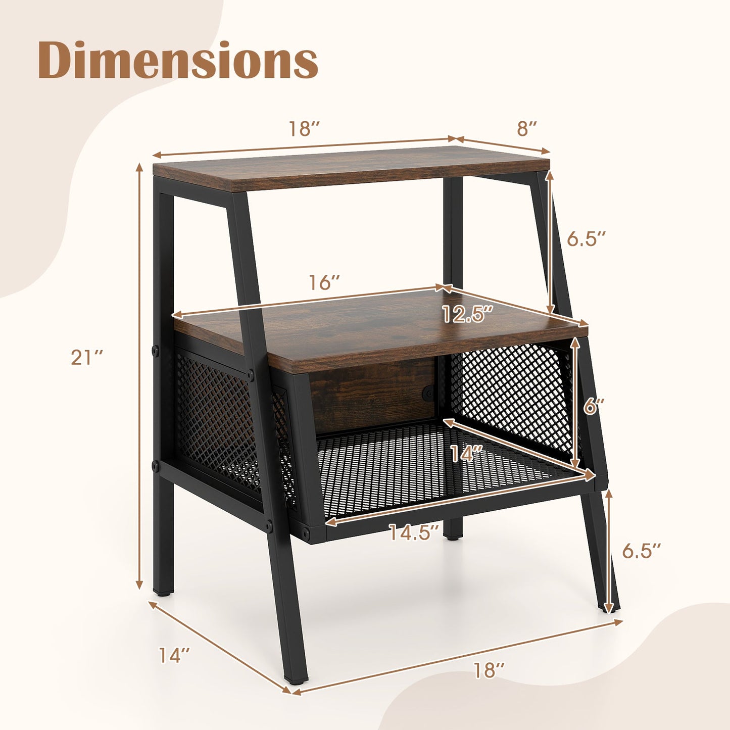 Industrial Nightstand 3-Tier End Table Set of 2 with 2 Open Shelves and Metal Mesh Compartment-Rustic Brown - Tampa Home & Garden Store