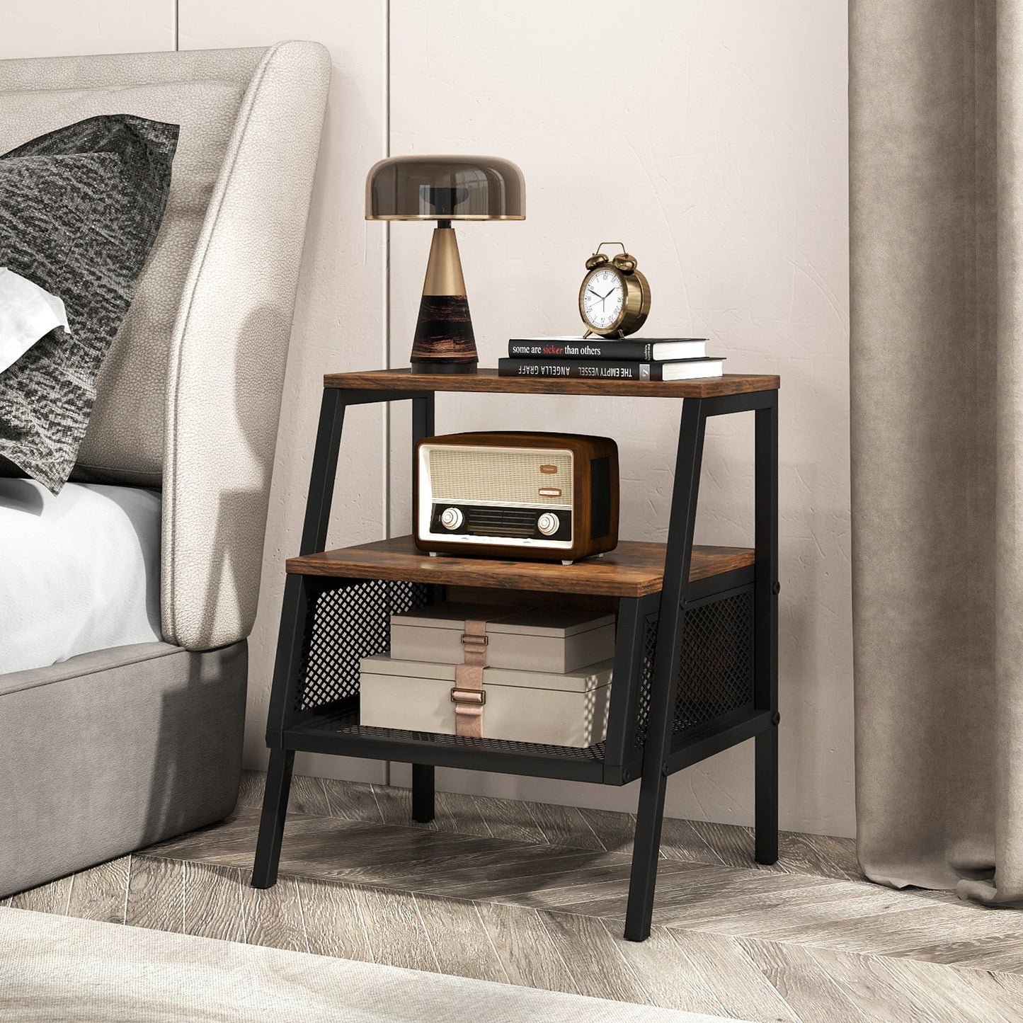Industrial Nightstand 3-Tier End Table Set of 2 with 2 Open Shelves and Metal Mesh Compartment-Rustic Brown - Tampa Home & Garden Store