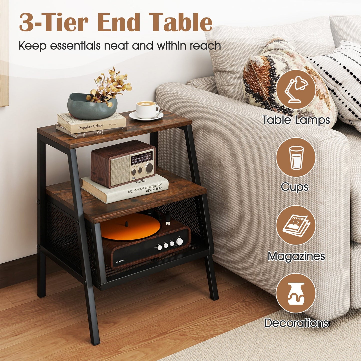 Industrial Nightstand 3-Tier End Table Set of 2 with 2 Open Shelves and Metal Mesh Compartment-Rustic Brown - Tampa Home & Garden Store