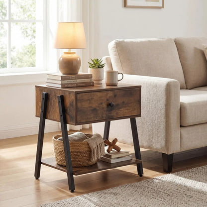 Industrial Nightstand with Drawer in dark wood with black metal legs topped by a lamp and plant on Tampa Home & Garden Store