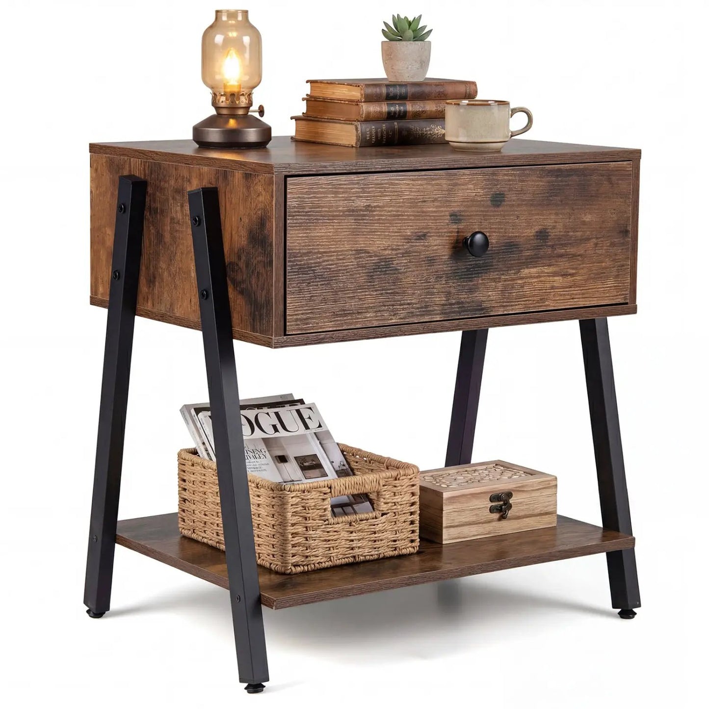 Industrial wooden nightstand with a single drawer and black metal legs, weathered brown finish, DirectDeals on Tampa Home & Garden Store