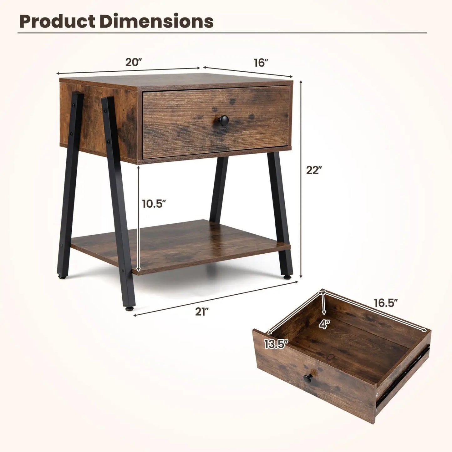 Industrial nightstand with single drawer and angled black metal legs DirectDeals on Tampa Home & Garden Store
