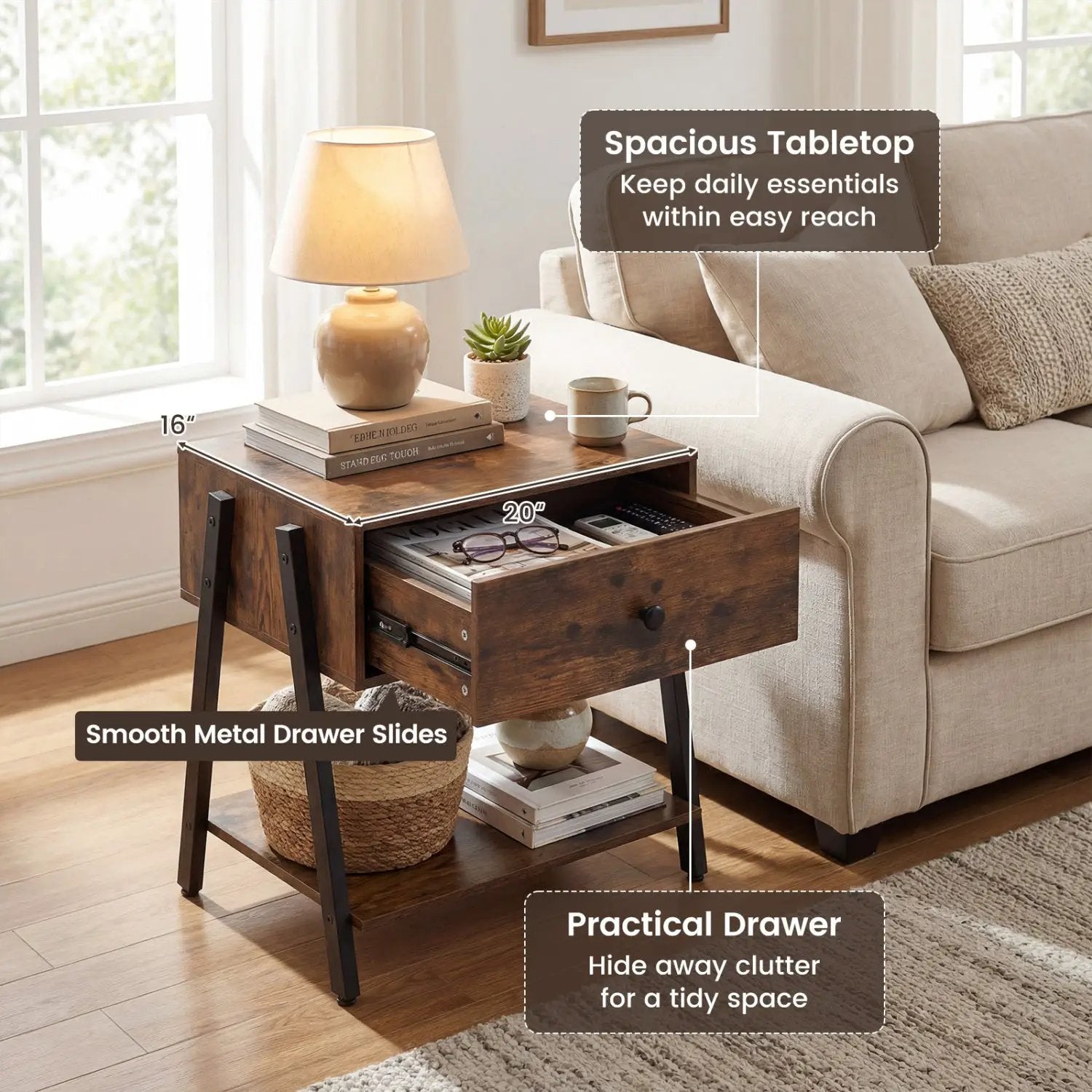 Industrial Nightstand with Drawer and Feet by DirectDeals in dark wood with black metal legs on Tampa Home & Garden Store