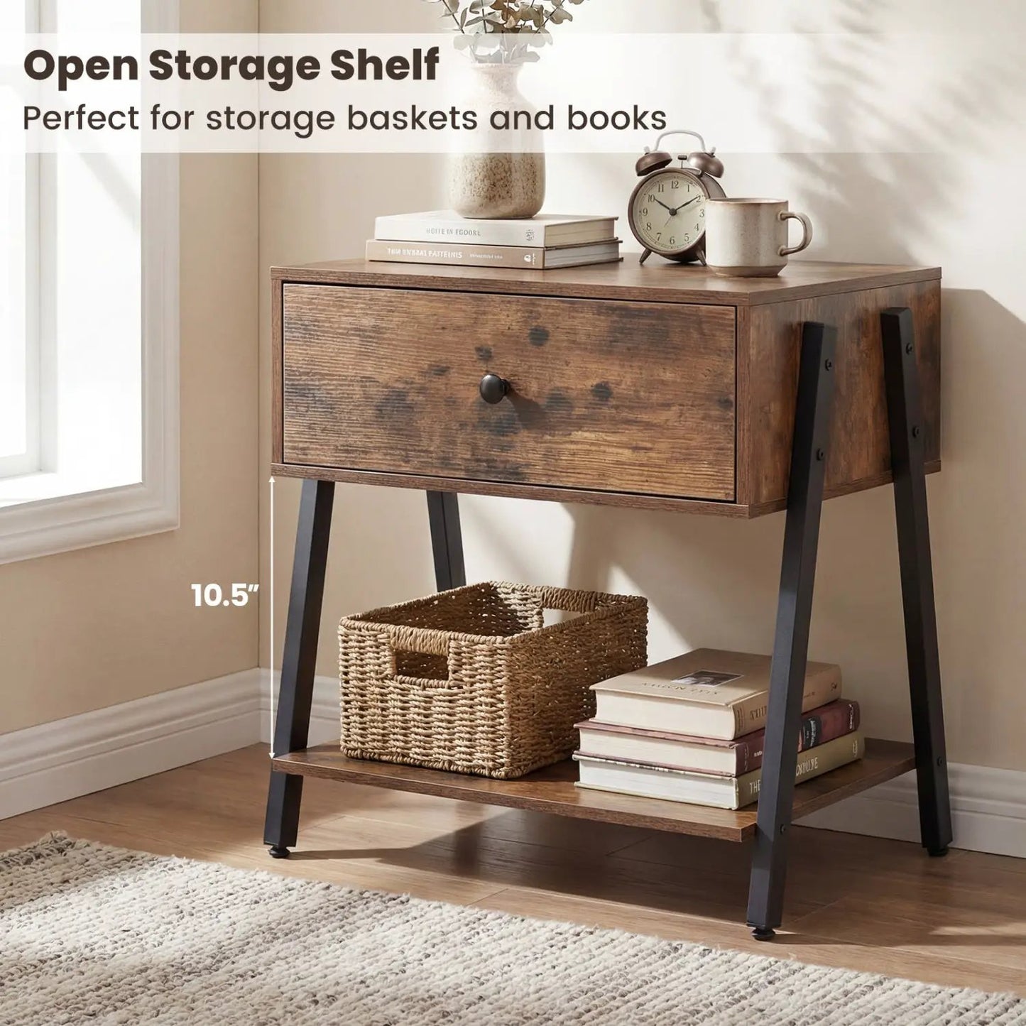 Industrial nightstand with drawer by DirectDeals rustic wood finish black metal legs 1-drawer on Tampa Home & Garden Store